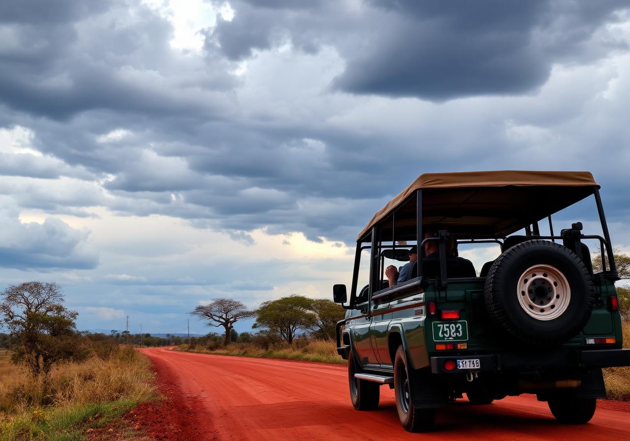 Safari vehicle on red road
